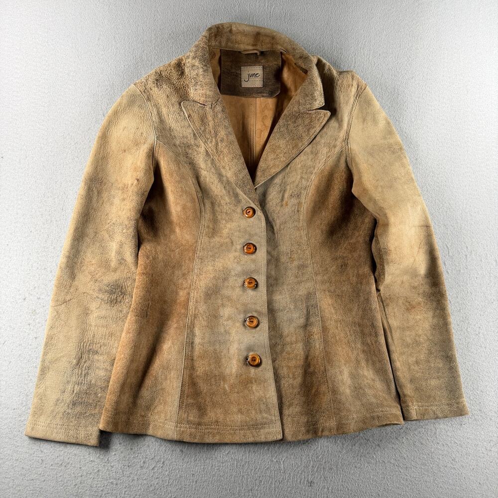 June Womens Genuine Suede Leather Blazer Jacket Tan Distressed Button Front